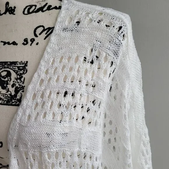 White open knit longer length cardigan open front boho minimalist beachy neutral - Picture 4 of 7